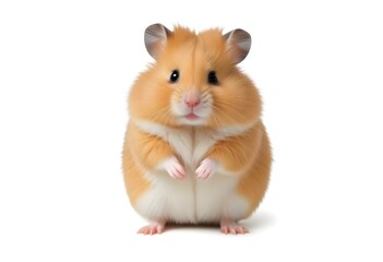 A cute golden hamster with large cheeks and a fluffy coat, sitting upright and looking directly at the camera