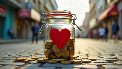 Glass jar with gold coins and heart sticker glowing in sunset, symbolizing charity and positive financial growth