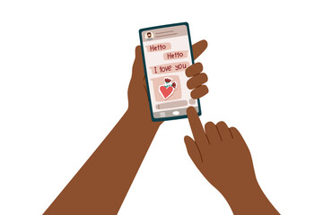 Valentines day clipart.  Valentines day and love concept. Phone chat between lovers. Phone in human hands. Vector illustration.