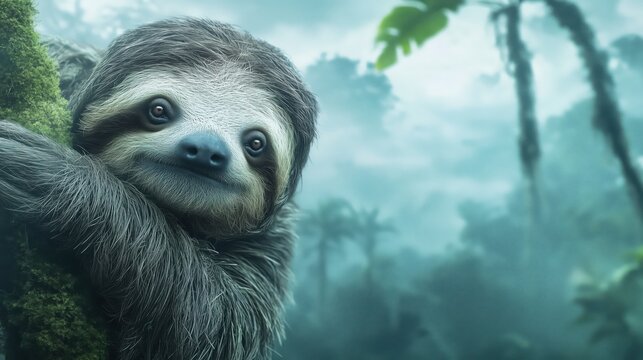 Smiling sloth portrait in misty tropical rainforest. Close-up of three-toed sloth with characteristic expression among jungle foliage and atmospheric turquoise background. 8k