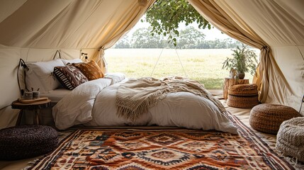 Luxurious glamping tent interior with boho decor, plush bedding and tribal rug. Cozy canvas accommodation featuring natural textures, woven poufs and dreamy outdoor views. 8k
