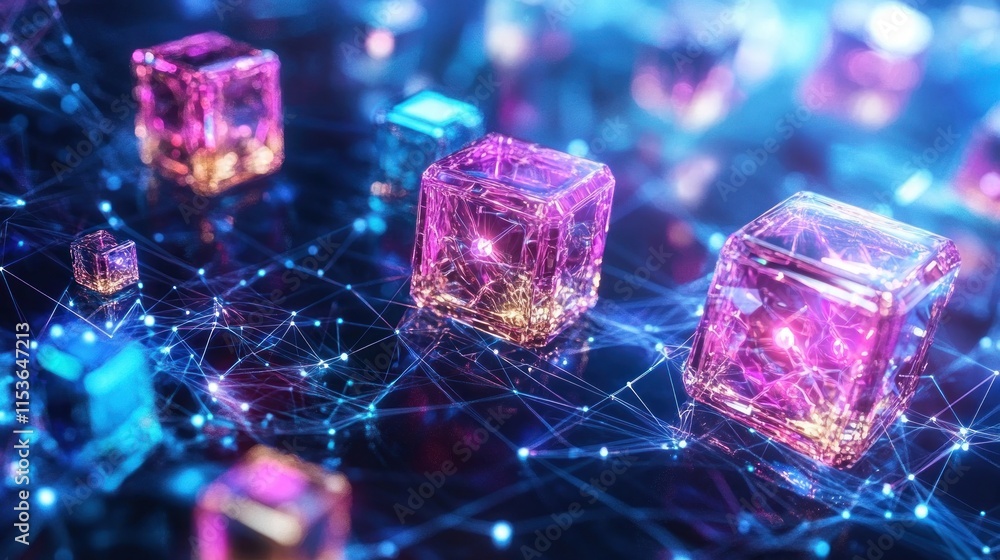 Poster glowing cubes connected by network lines.