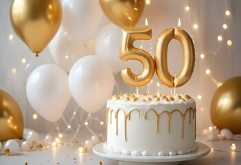 A white birthday cake with gold 50 candle on top, surrounded by white balloons and fairy lights