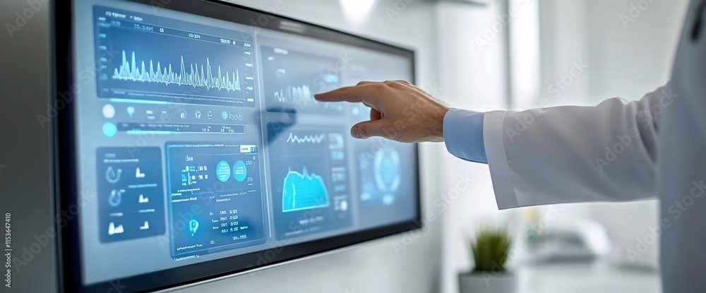 Poster a doctor interacts with a digital display showing health data and analytics.