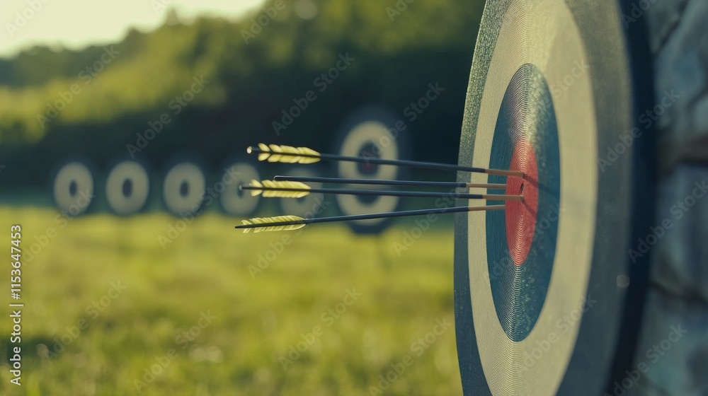 Poster A tranquil archery range with arrows neatly arranged in a target board, A clean, open field with perfectly spaced targets
