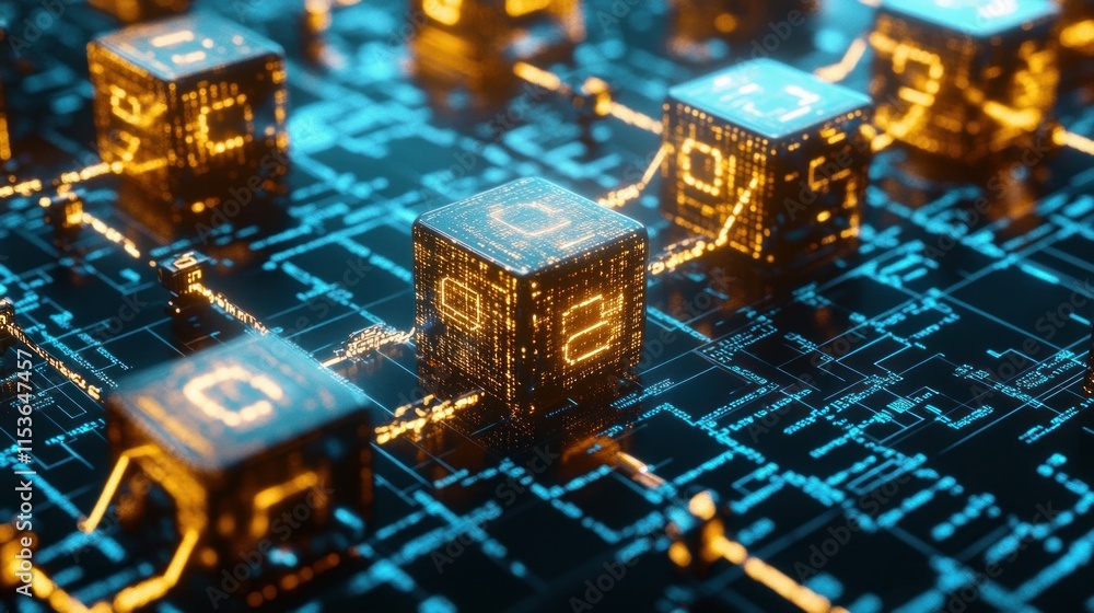 Poster glowing cubes linked on a circuit board.