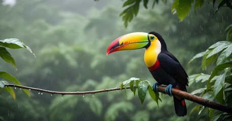 Fototapeta premium A colorful toucan bird with a large beak perched in the rain, with a blurred green foliage background