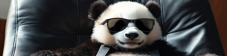Obraz premium panda. cool business animal in sunglasses and suit. With copy text space. in the chair. business style. multi-colored monochromatic. place for text. background