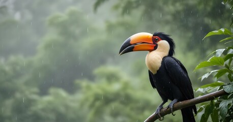 Obraz premium An exotic hornbill with a large beak perched in the rain , with a blurred green foliage background