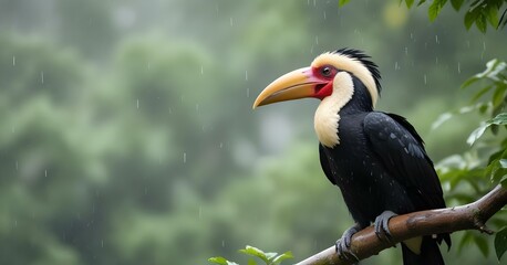 Obraz premium An exotic hornbill with a large beak perched in the rain , with a blurred green foliage background