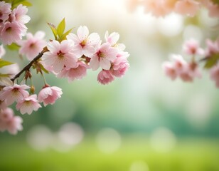 A close-up view of delicate pink cherry blossom flowers in full bloom against a blurred green background , creating a serene and tranquil spring scene