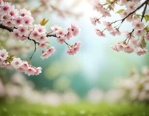 Fototapeta premium A close-up view of delicate pink cherry blossom flowers in full bloom against a blurred green background , creating a serene and tranquil spring scene