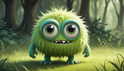 A cute, fuzzy green monster with large googly eyes in a grassy outdoor setting