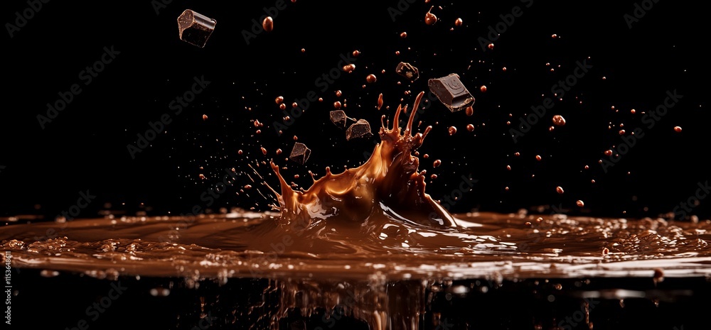 Poster a dynamic splash of chocolate with chunks, capturing deliciousness and indulgence.