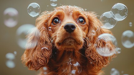Playful dog surrounded by bubbles