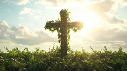 A vine-covered cross of Jesus Christ stands prominently, surrounded by a serene backdrop, capturing the essence of faith and nature in this captivating image. Perfect for conveying spirituality.