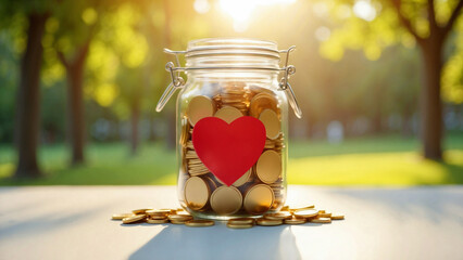 Glass jar with gold coins and heart sticker glowing in sunset, symbolizing charity and positive financial growth