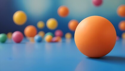 Naklejka premium An orange rubber ball on a blue surface with blurred colorful objects in the background