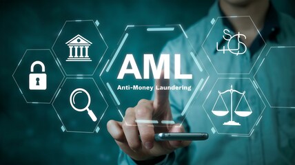 Fototapeta premium Businessman using laptop, AML anti-money laundering, financial bank concept, regulations compliance, virtual icon