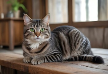 A close-up portrait of a young gray tabby cat with bright green eyes , sitting in a cozy rustic interior with a blurred background