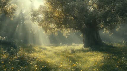 Obraz premium Sunbeams illuminate a mystical forest clearing with wildflowers and ancient trees.
