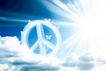 International peace symbol with butterflies flying in the cloudy sky