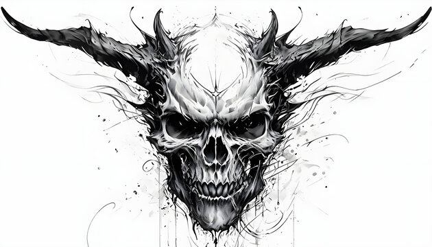 teschio di demone stilizzato con corna, zanne, ghigno malefico e sguardo maligno, Stylized demon skull with horns, fangs, evil grin and evil gaze