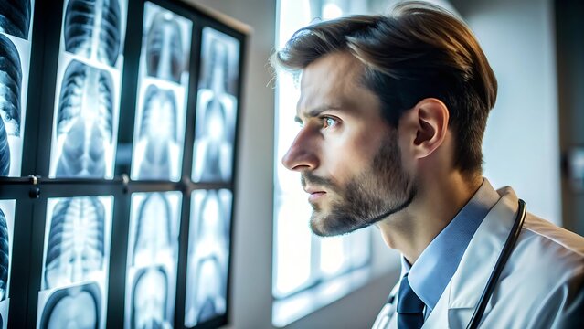 M&eacute;dico examinando raios X na cl&iacute;nica, profissional de sa&uacute;de revisando exames m&eacute;dicos em uma cl&iacute;nica moderna