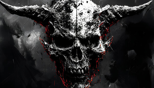teschio di demone stilizzato con corna, zanne, ghigno malefico e sguardo maligno, Stylized demon skull with horns, fangs, evil grin and evil gaze