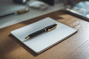 A closeup shot reveals a sleek black pen resting on a lined notepad atop a light brown wooden desk. Soft lighting enhances the images professional aesthetic.
