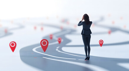 Woman Walking on a Pathway with Red Map Markers in Futuristic Urban Setting