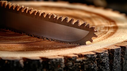Close-up of a saw blade cutting through a wooden tree slice.