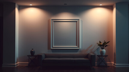 High-resolution stock photo A white picture frame is centrally positioned on an interior wall. High-contrast, low-key lighting creates a dramatic