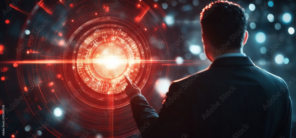 Poster a figure analyzing a glowing, futuristic interface with digital elements.