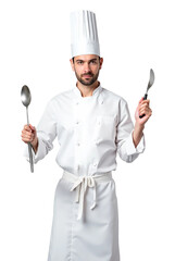 Naklejka premium Chef in Full Uniform Holding Kitchen Tools on Transparent Background
