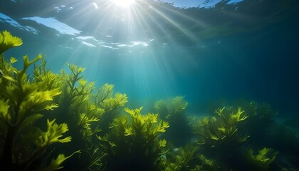 Fototapeta premium Underwater seascape with lush green seaweed and sunlight filtering through the water