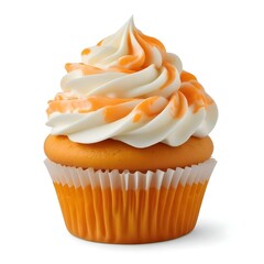 A cupcake with a swirled white frosting topping on an orange cupcake base