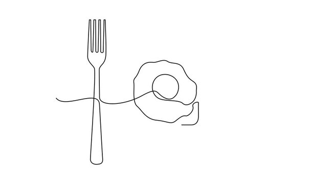 Animation of one single line drawing of plate, fork and spoon for restaurant logo illustration, Food with several toppings Eggs plate, fork and spoon continuous one line drawing animation.