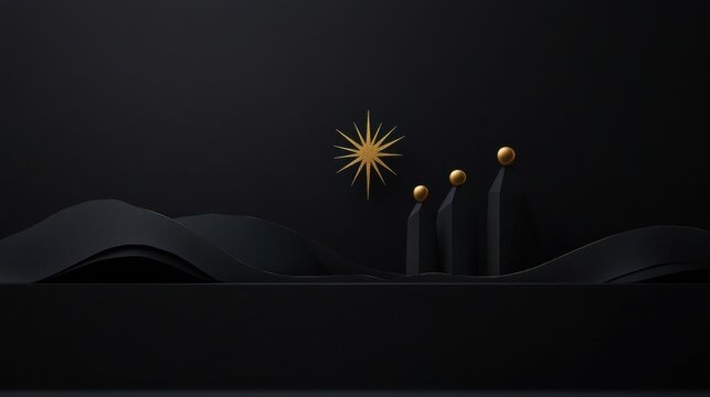Minimalist nativity scene with three wise men and the star in gold on a dark background.