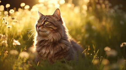 Peaceful Feline Lounging Amid Wildflowers and Warm Sunshine