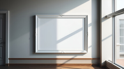 High-resolution stock photo A blank white frame on a wall illuminated by natural light in a simple interior. The image features a graceful and elegant