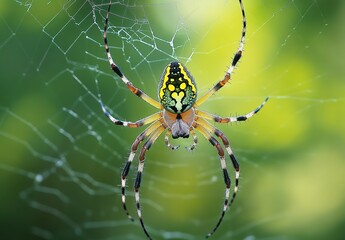  A beautiful photograph of a yellow and black striped spider on its web in the jungle