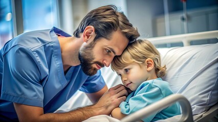 Obraz premium Enfermeira pediátrica atenciosa confortando uma criança doente no quarto do hospital.