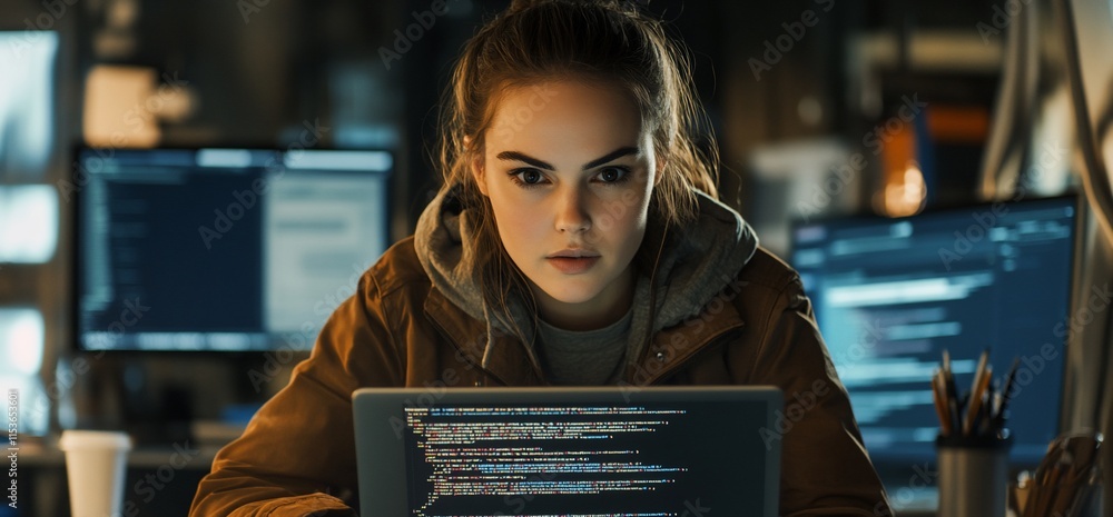 Poster a focused individual coding on a laptop in a dimly lit workspace.