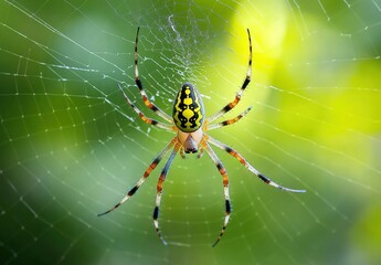  A beautiful photograph of a yellow and black striped spider on its web in the jungle