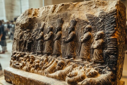Ancient assyrian stone relief depicting dignitaries and captives in procession