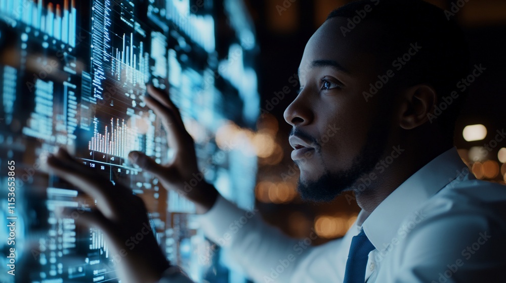 Poster a focused individual interacting with digital data on a futuristic interface.