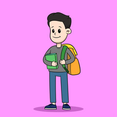 Male College Student Holding Books Cartoon Illustration