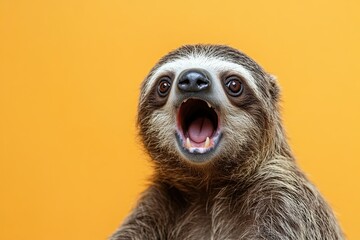 Naklejka premium sloth face. open mouth. Surprised and shocked with paws on his head on a colored plain background