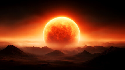 Dramatic celestial event cosmic landscape digital art surreal environment atmospheric viewpoint exploring co2 impact on planet health